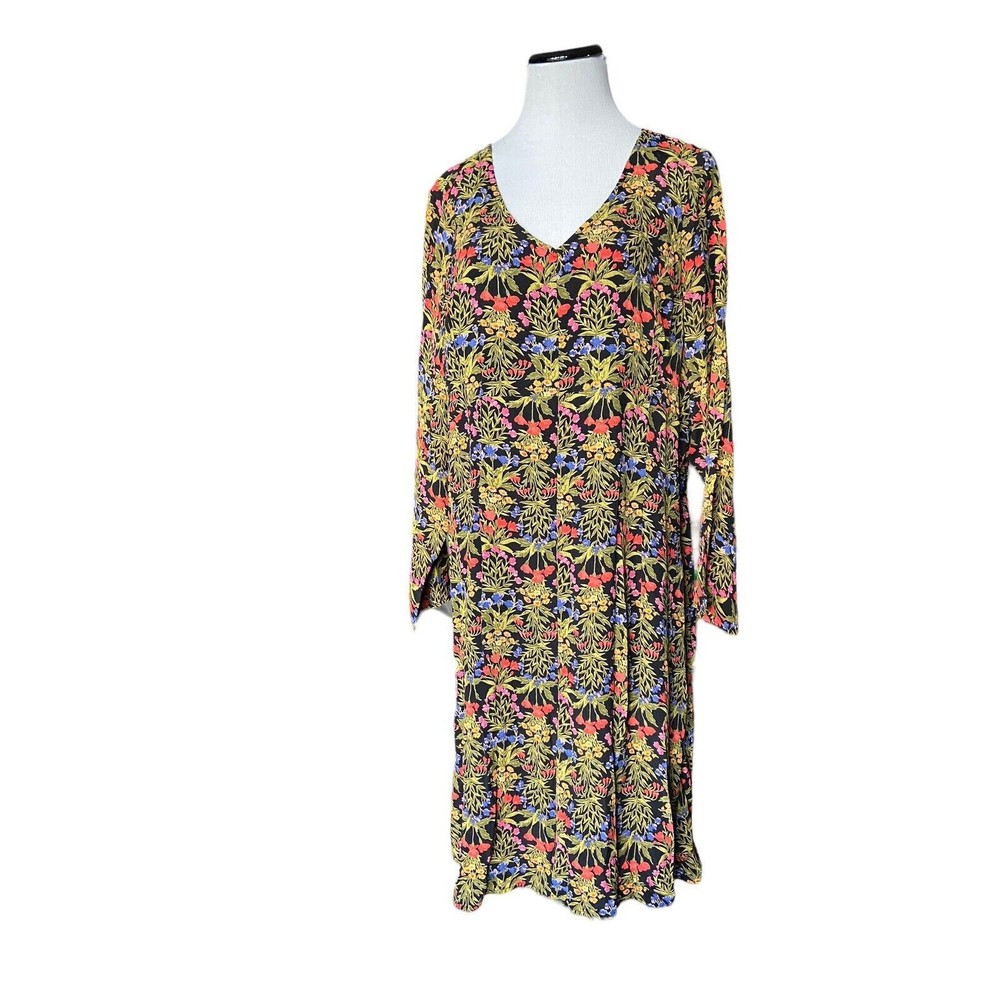 Old Navy Womens Crepe Swing Dress Size 2XL Black Floral Long Bell Sleeves Lined - Picture 3 of 13